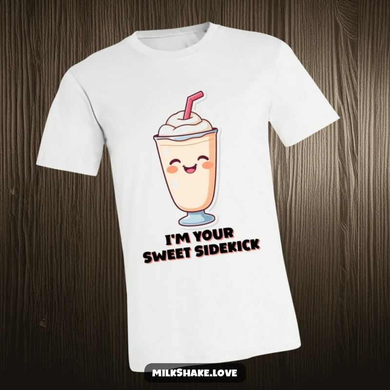 A cute milkshake character holding a straw and giving a cheerful wink, featured on a soft and funny t-shirt.