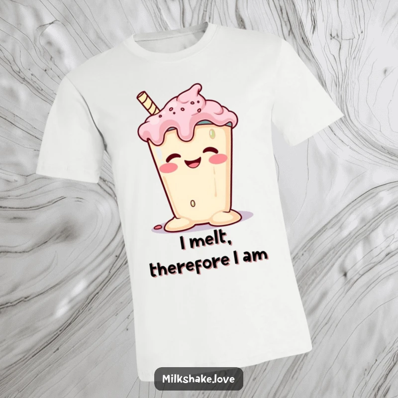 Funny melting milkshake with a goofy grin slumping happily on a t-shirt, capturing pure, unadulterated joy and sweetness. Adorable and humorous.