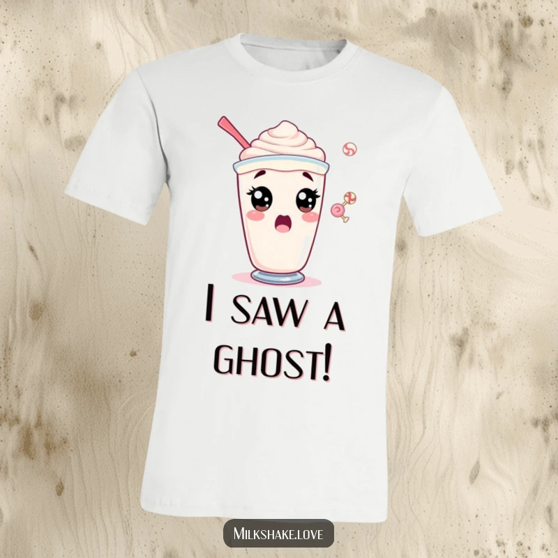 Funny t-shirt with a surprised milkshake character looking shocked as a tiny candy floats near its wide eyes.