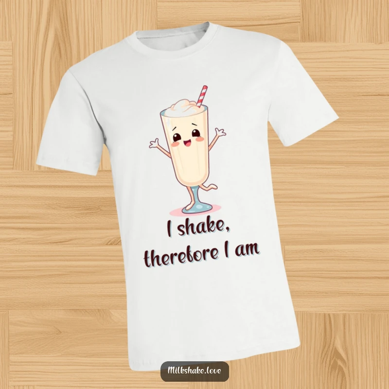 Funny T-Shirt showcasing a happy milkshake with legs doing a bouncy, energetic dance, radiating pure, unadulterated fun.