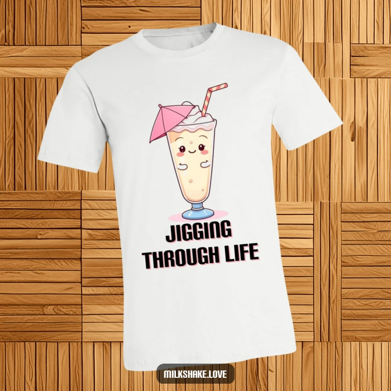 Funny Kawaii Milkshake T-Shirt: A kawaii milkshake with an umbrella doing a silly jig, perfect for a fun outfit.