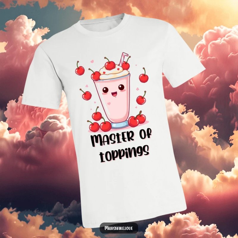 Funny T-Shirt showcasing a Kawaii milkshake skillfully juggling tiny cherries with a delightful and amazed expression.