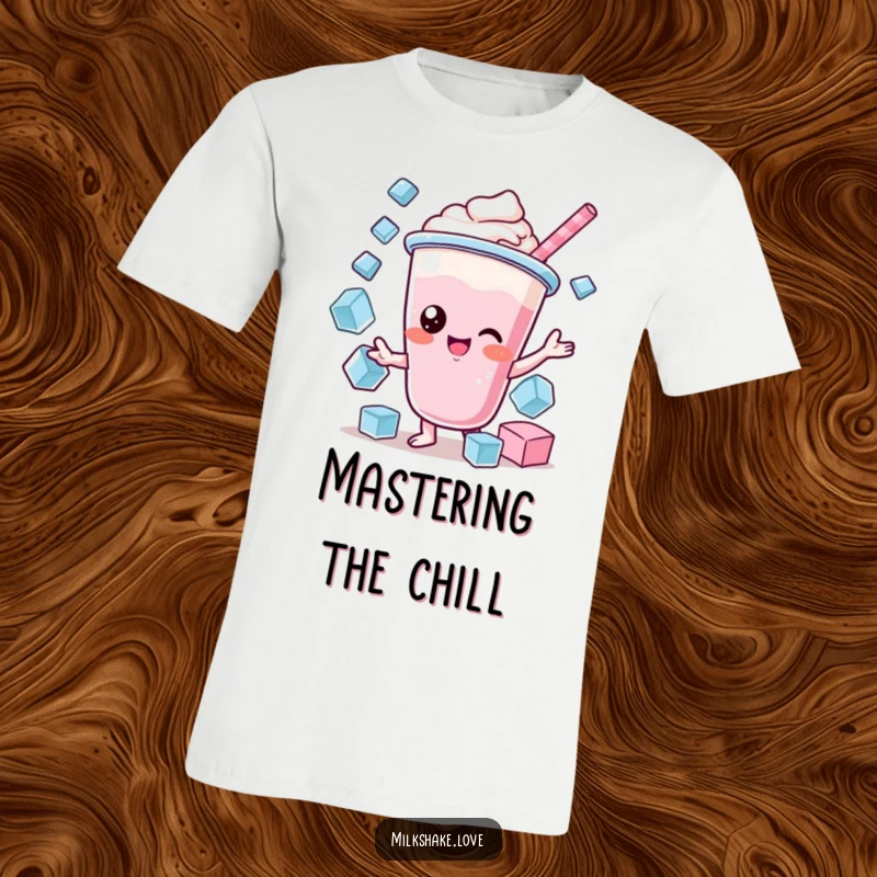 Funny Kawaii Milkshake T-Shirt: A kawaii milkshake character skillfully juggling ice cubes, demonstrating cool humor.