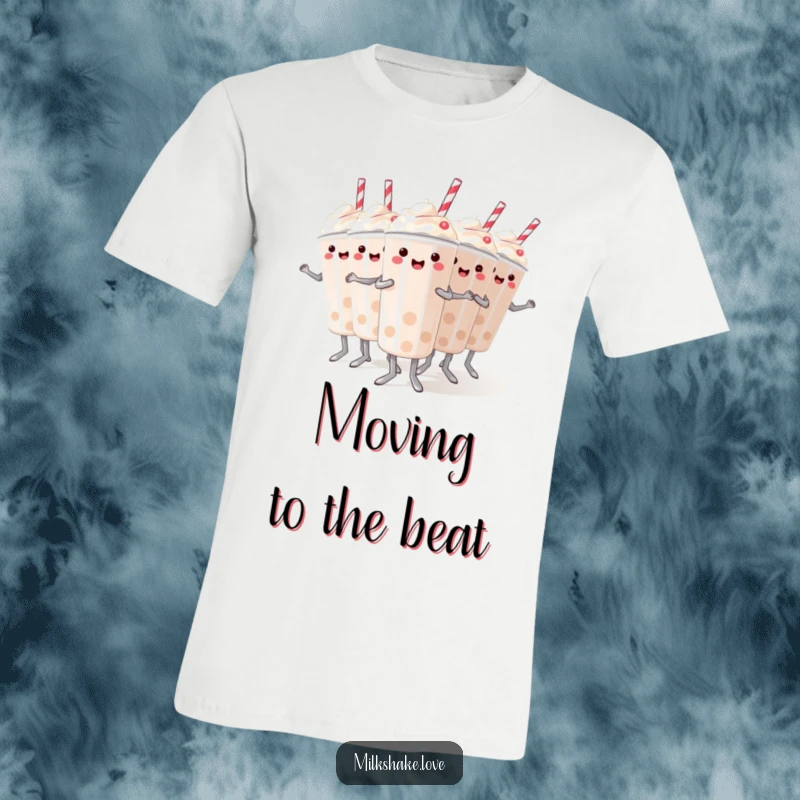 Funny t-shirt depicting mini milkshakes in a synchronized dance formation, a humorous and energetic dessert design.