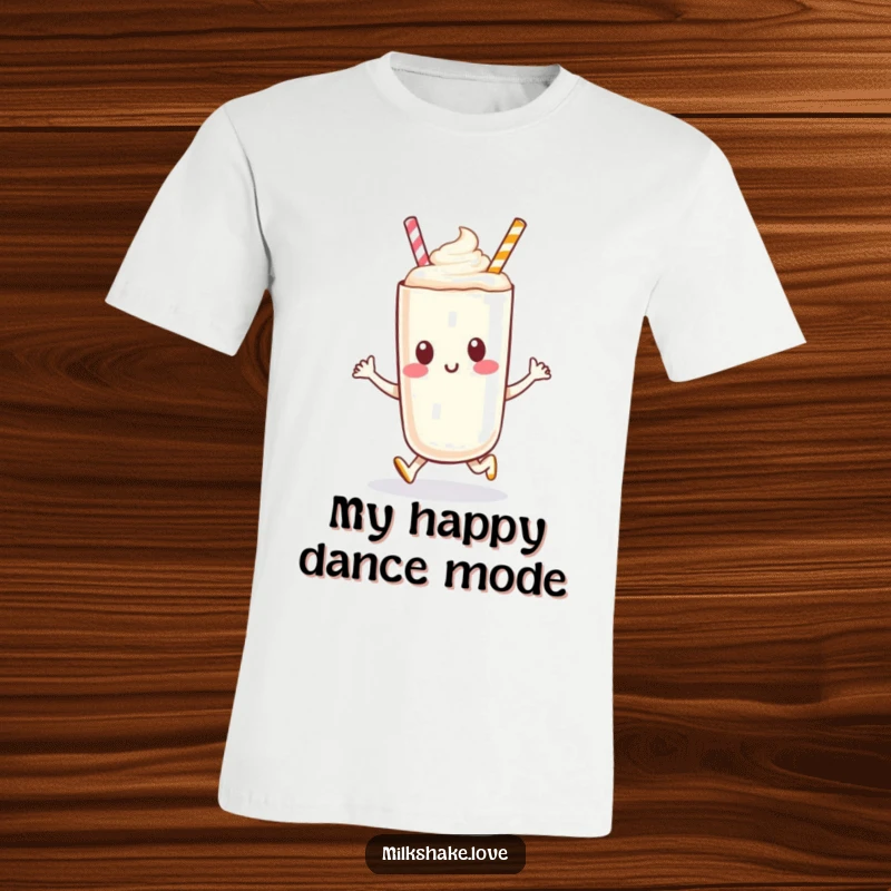 An anthropomorphic milkshake character caught mid-hop with a happy expression on a comfortable and funny t-shirt.