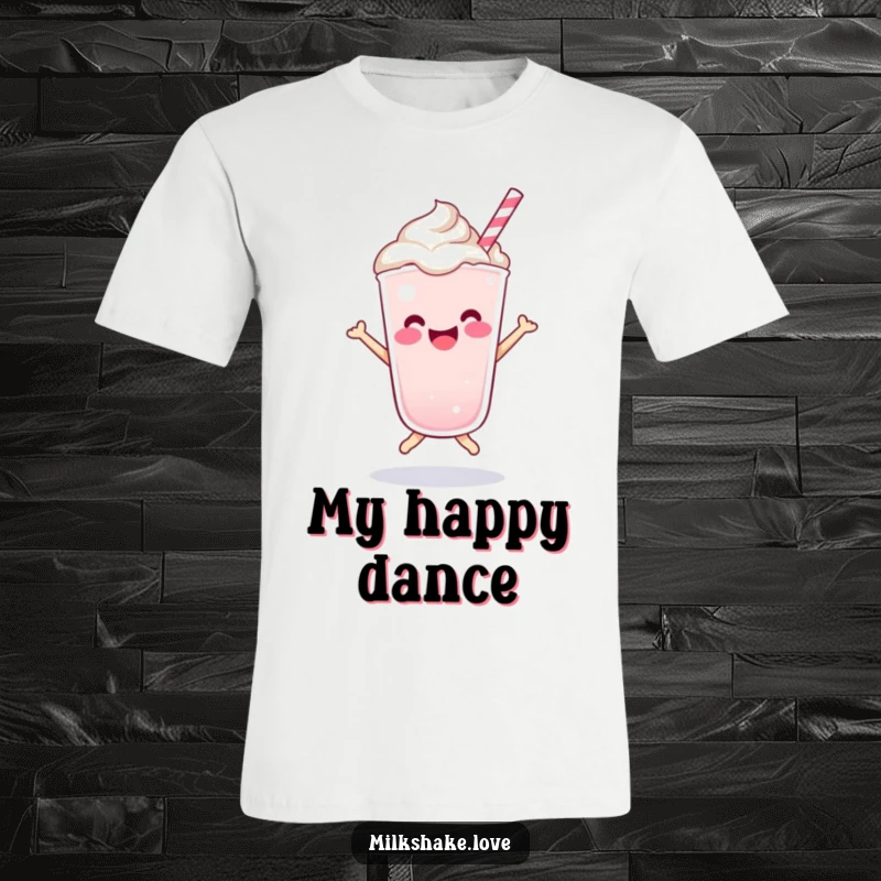 Funny Kawaii milkshake character captured mid-bounce with sprinkles flying, on a t-shirt designed for joy.