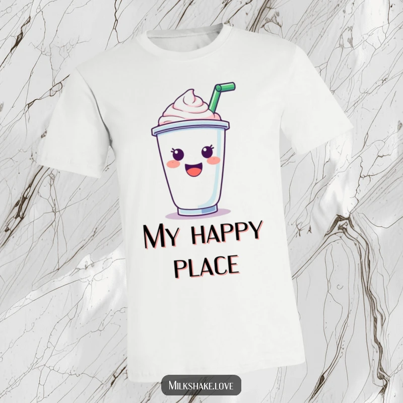 Funny T-Shirt: Depicting a jubilant milkshake cup character holding a straw and cheering with infectious energy and pure happiness.