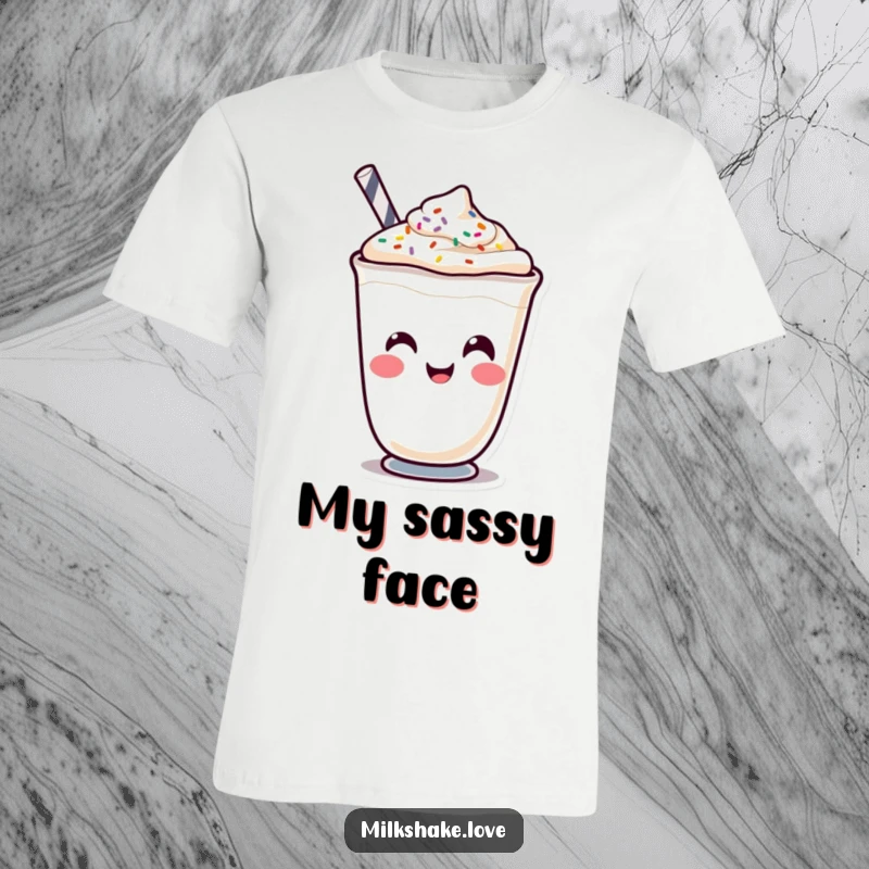 Funny Kawaii milkshake character making a silly face with sprinkles arranged as features on a t-shirt.