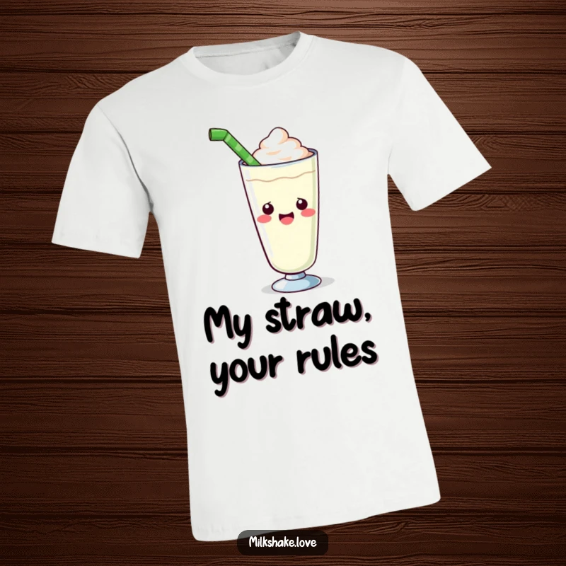 Funny kawaii milkshake t-shirt with a cute glass enthusiastically offering a giant straw, perfect for anyone who loves a big drink.
