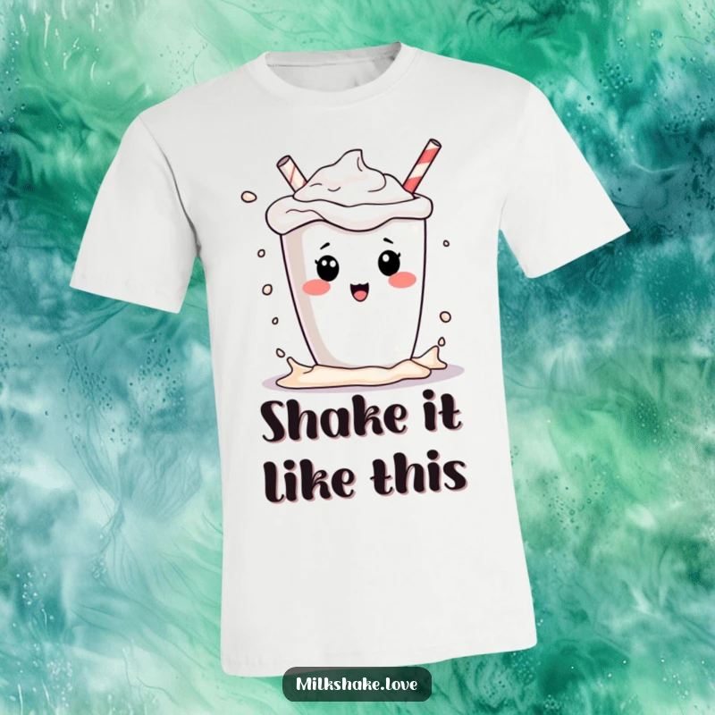 Funny kawaii milkshake character playfully splashing its contents, on a comfortable and funny t-shirt, a sweet gift.