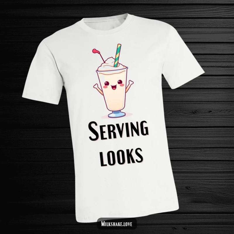 Funny Kawaii Milkshake T-Shirt: A kawaii milkshake with a straw doing a fun pose, full of life and humor.