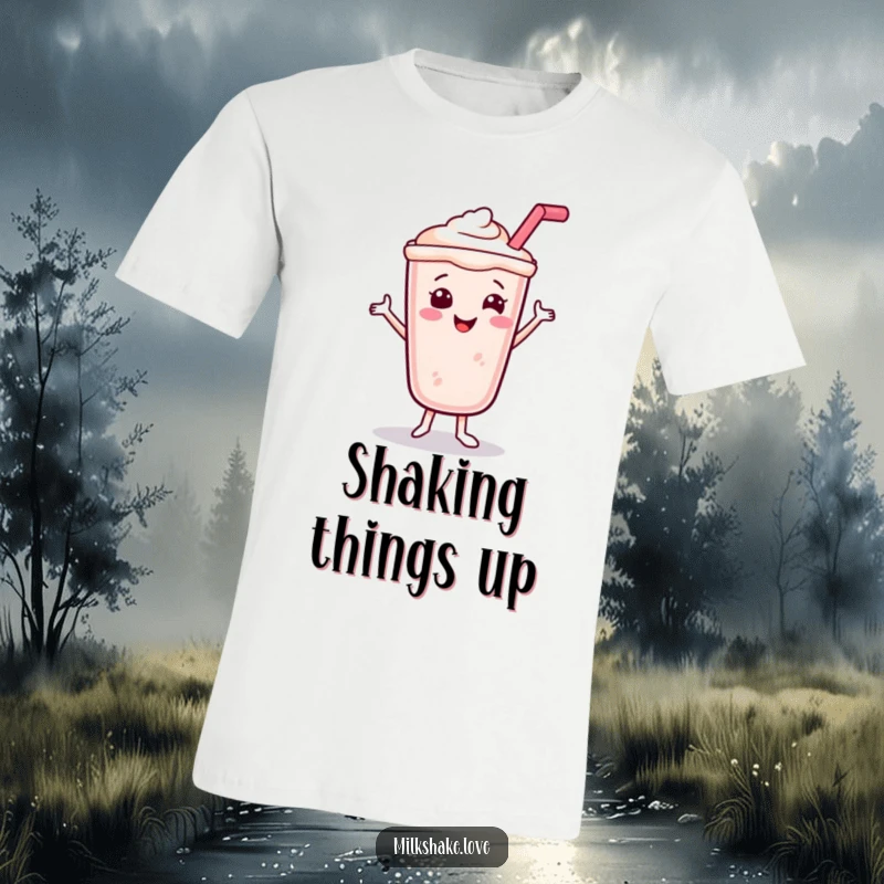 Funny Smiling Milkshake T-Shirt illustrating a happy dancing milkshake with a straw, perfect for cheerful and humorous wear.