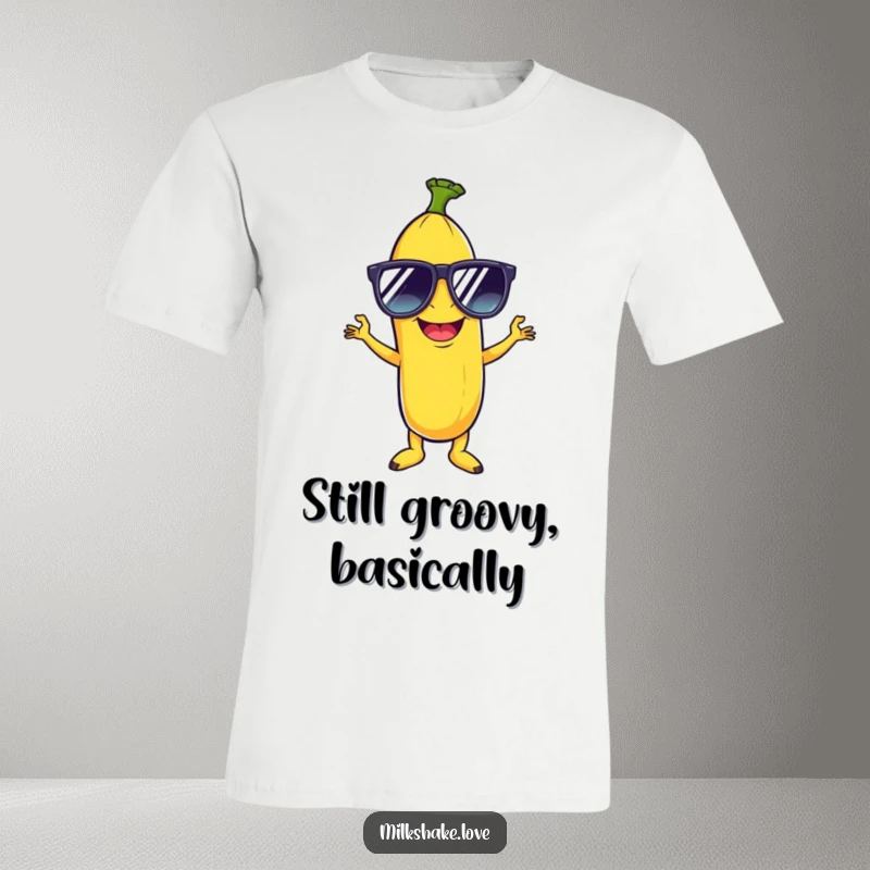 Funny t-shirt showcasing a giggling banana in large sunglasses, masterfully posing like a disco star, radiating pure joy.
