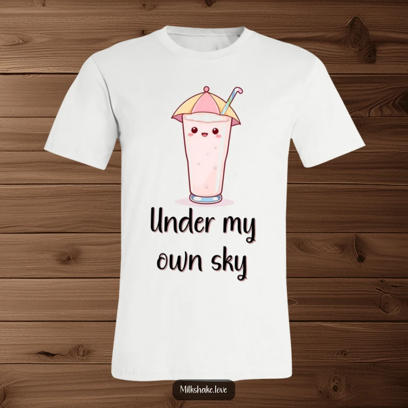 Funny T-Shirt depicting a kawaii milkshake glass with a tiny umbrella, enjoying a delightful fall of sugary drops, embodying sweet fun.