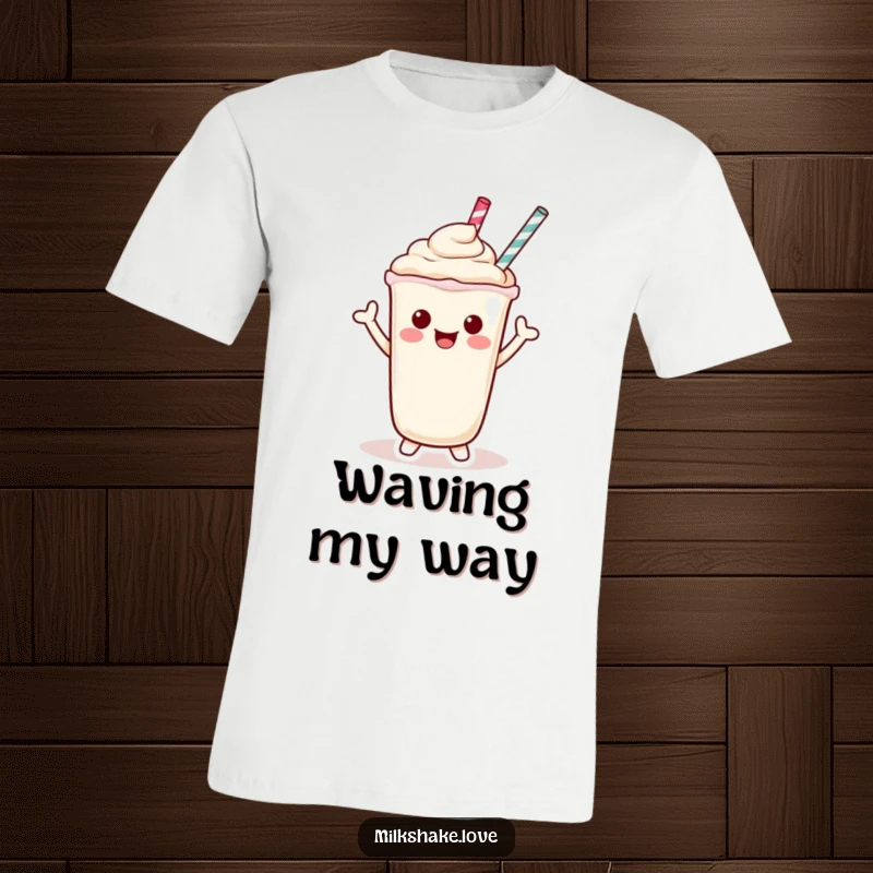 Funny T-Shirt showcasing a cute Kawaii milkshake character waving hello cheerfully with its straw, perfect for greetings.