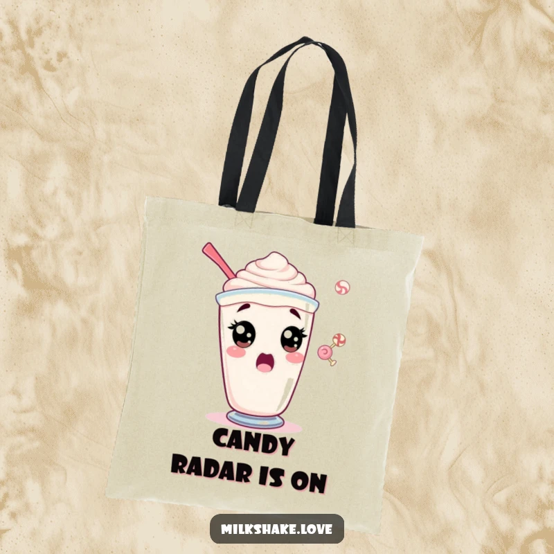 Funny tote bag showcasing a surprised milkshake character with wide eyes in awe of a nearby candy.