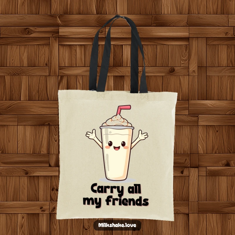 Funny tote bag featuring a milkshake character holding its arms out for a friendly wave, perfect for errands.