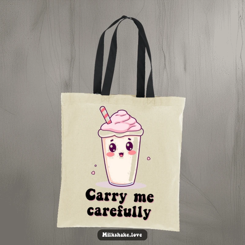 Funny Kawaii Milkshake Tote Bag: A surprised milkshake character tipping over, perfect for carrying essentials with humor.