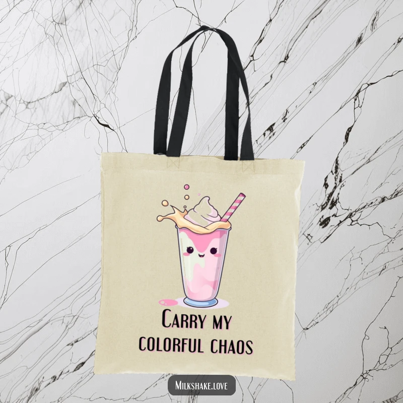 Funny Tote Bag illustrating a milkshake playfully splashing, adding a pop of color and humor to this practical accessory.