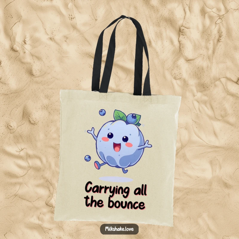 Funny Blueberry Bounce Tote Bag featuring a plump blueberry character joyfully bouncing, ready to carry your essentials with a smile.