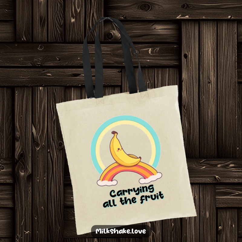 Funny banana character slides down a rainbow, a humorous and practical tote bag for everyday use.