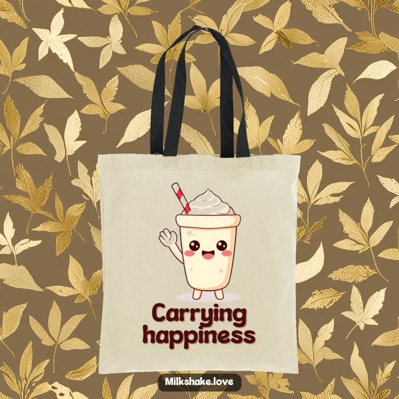 Funny Tote Bag featuring a petite Kawaii milkshake with a bubbly expression, happily waving hello for a cheerful vibe.