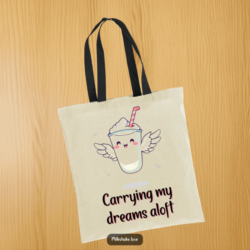 Funny tote bag featuring a milkshake with small wings attempting flight, a delightful and humorous accessory for everyday use.
