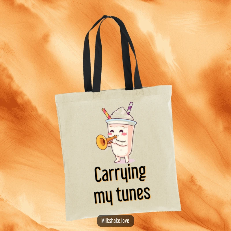 Funny Tote Bag: Illustrates a happy milkshake cup character playing a tiny trumpet, perfect for music fans on the go.