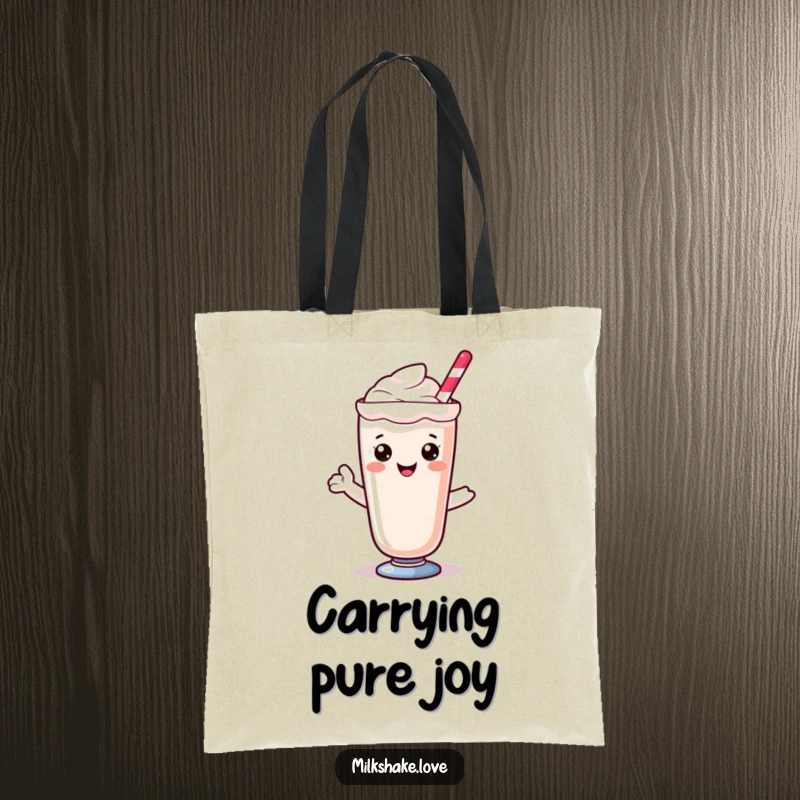 Kawaii milkshake character with a sweet smile on a tote bag, perfect for carrying treats and smiles.