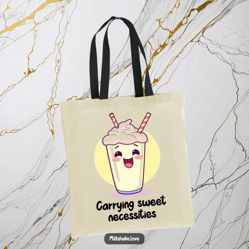 Funny kawaii milkshake tote bag giggling and pointing upwards with an excited flourish, a humorous and practical bag for daily use.