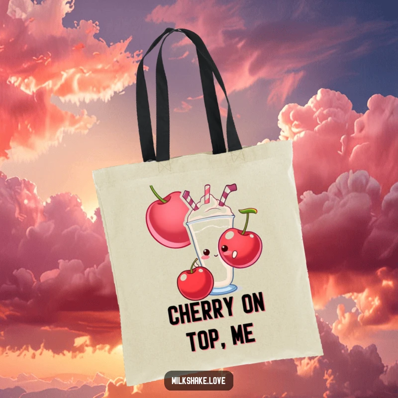 Funny tote bag featuring a shy milkshake peeking from behind a large cherry, perfect for carrying treats and essentials.