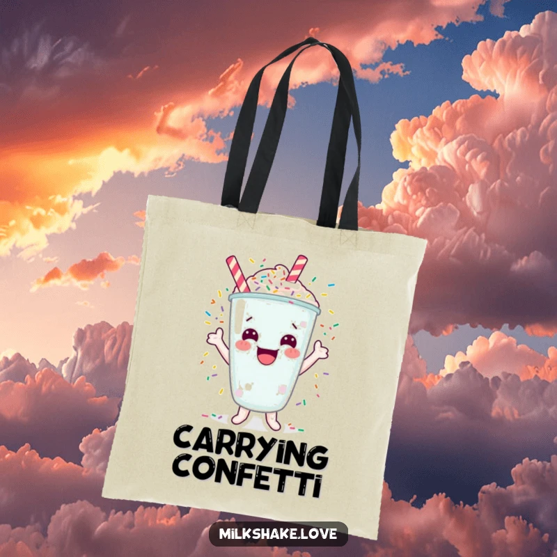 Funny tote bag with a cheerful milkshake character cheering as colorful sprinkles explode around it.