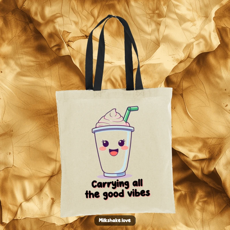 Funny Tote Bag: Features a super happy milkshake cup character with a straw, cheering loudly, perfect for everyday errands.