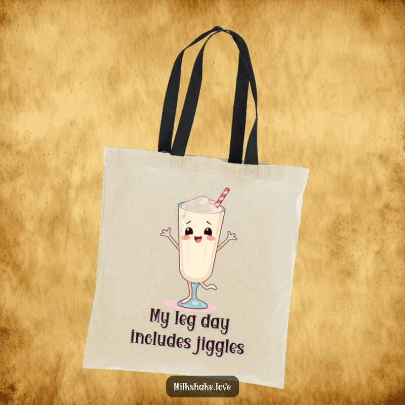 Funny Tote Bag depicting a lively milkshake with legs performing a joyful, bouncy dance, perfect for carrying everyday items.