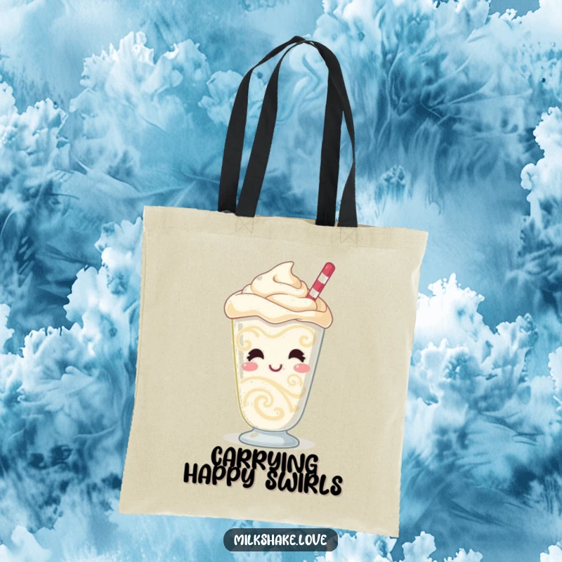 Funny Milkshake Tote Bag with a giggling character featuring swirling patterns and a bubbly demeanor, highlighting its fun and eye-catching design.
