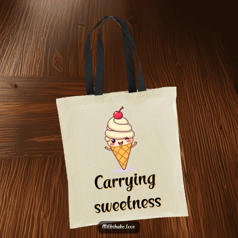 Funny ice cream cone tote bag, a cheerful ice cream cone with a cherry on top spinning happily, ideal funny gift.