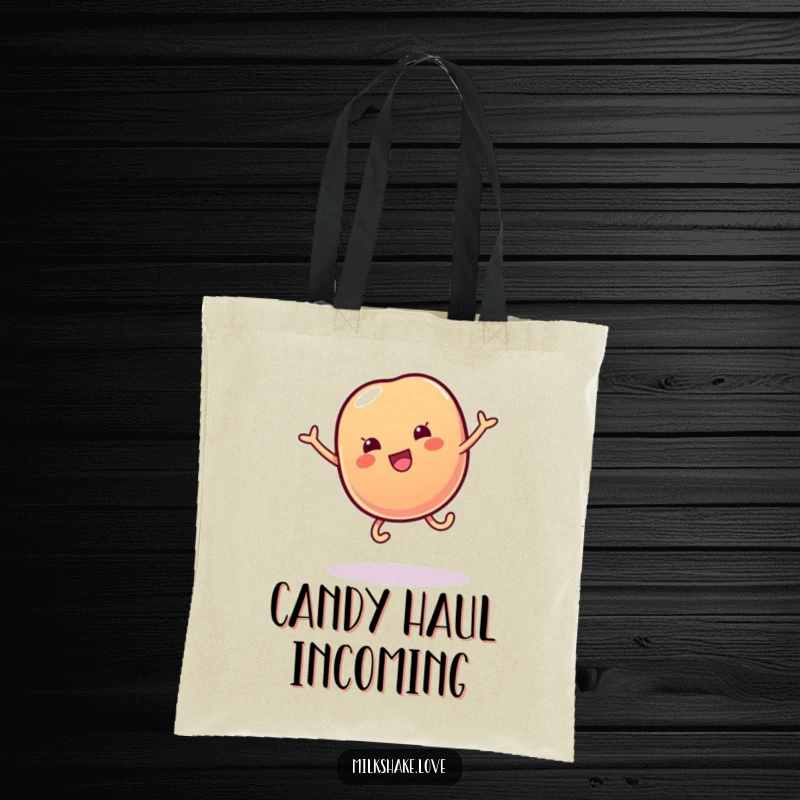 Funny tote bag featuring a wobbly jelly bean with tiny legs performing a cartwheel, symbolizing sweet, mobile fun.