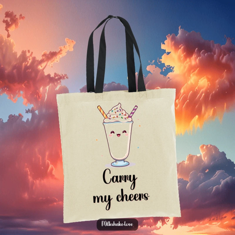 Funny Kawaii milkshake tote bag, featuring a cheerful beverage design with toppings, perfect for carrying essentials with enthusiasm.