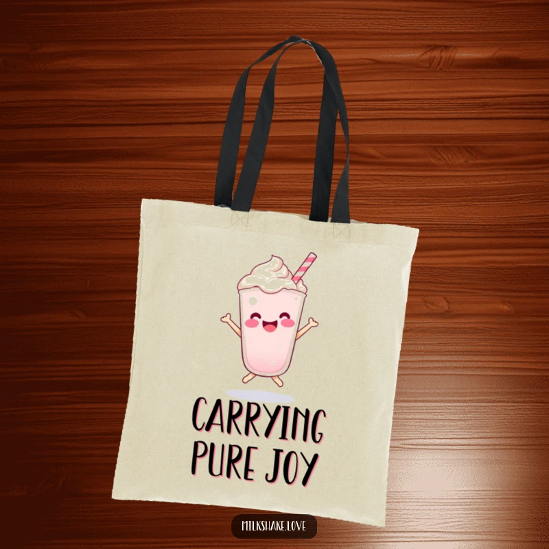 Funny Kawaii milkshake character in a happy bounce, illustrated on a durable tote bag for carrying joy.