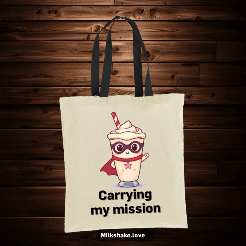 Funny Kawaii milkshake character in a superhero costume, energetically carrying a tote bag, symbolizing power and style.