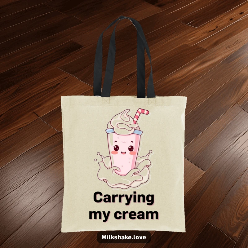 Funny Tote Bag featuring a joyful Kawaii milkshake character happily splashing through a cloud of whipped cream.
