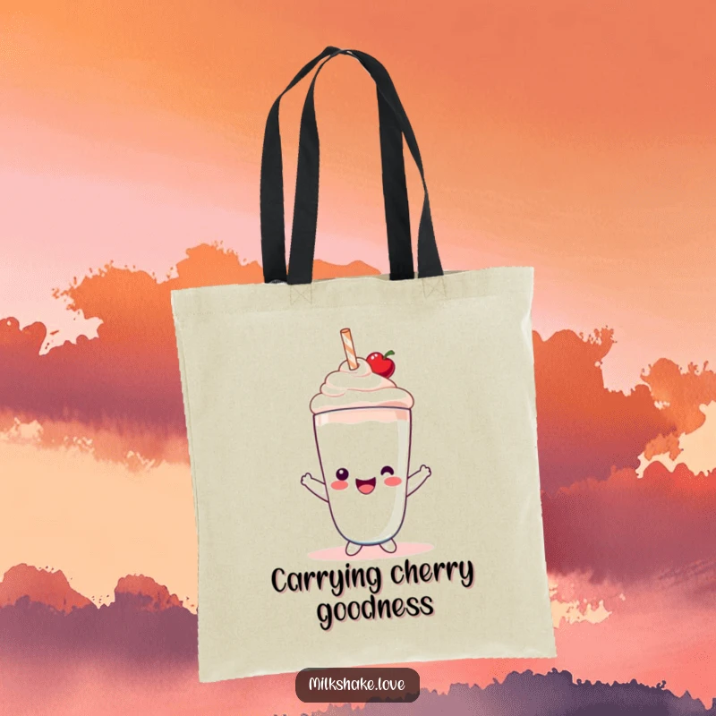 Funny Tote Bag featuring a delightful Kawaii milkshake character wearing a cute cherry hat, ready for fun outings.