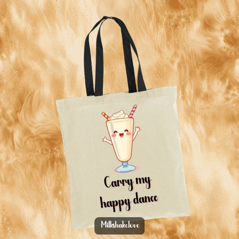 Funny Kawaii milkshake tote bag, featuring a milkshake in a happy dance, ideal for carrying essentials with a smile.
