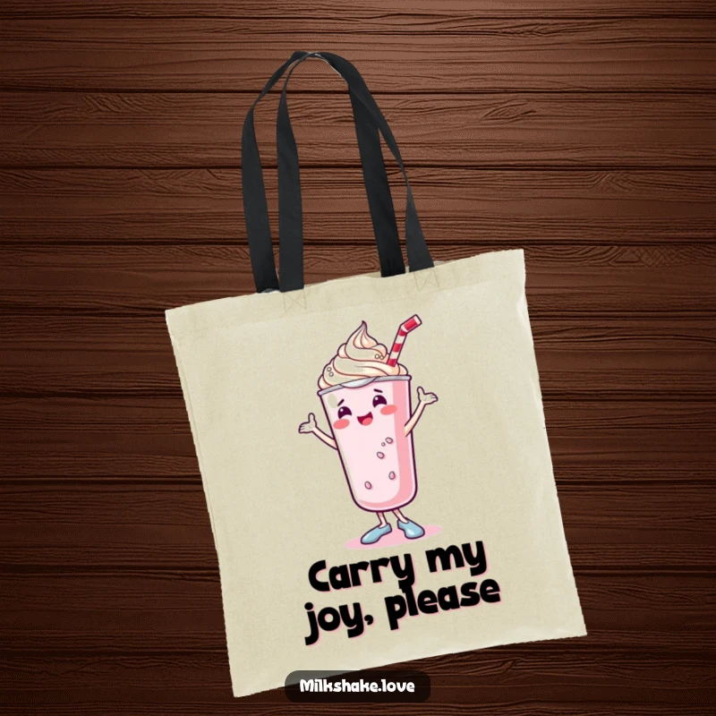 Funny kawaii milkshake tote bag showcasing a cute, dancing milkshake with whipped cream doing a joyful shimmy, a practical and humorous accessory.