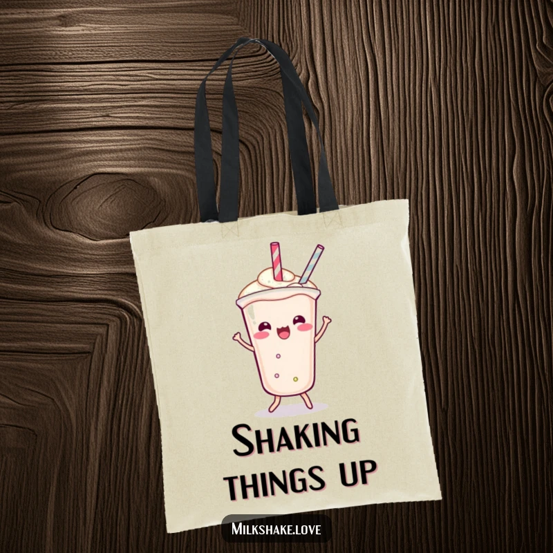 Funny Tote Bag showcasing a Kawaii milkshake doing a fun shimmy, its straw dancing to add a playful and energetic vibe.