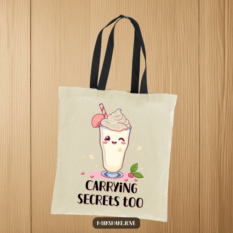 Funny Tote Bag showcasing a Kawaii milkshake winking playfully, with a colorful swirl of delight creating a charming and sweet vibe.