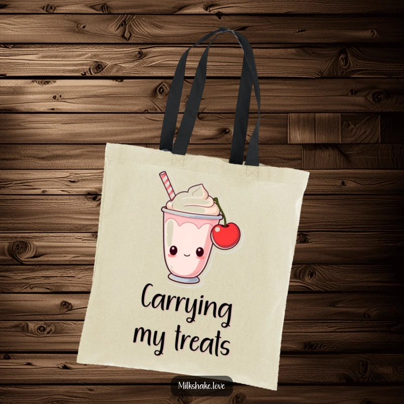Funny milkshake cup with curious eyes looking at a cherry. Humorous tote bag for dessert enthusiasts.
