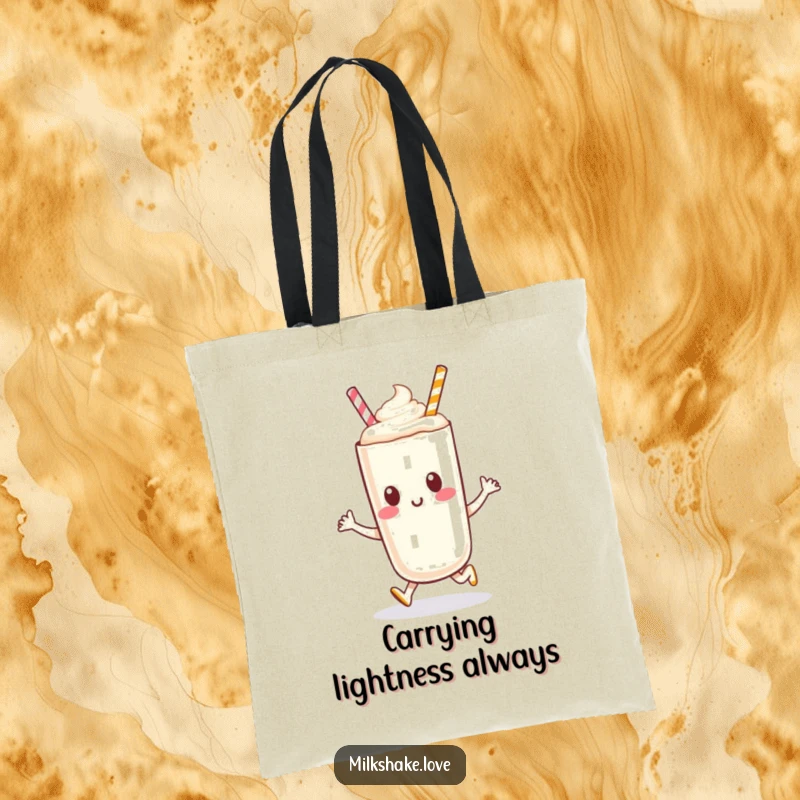 A happy anthropomorphic milkshake character performing a joyful hop adorns this durable and funny tote bag.