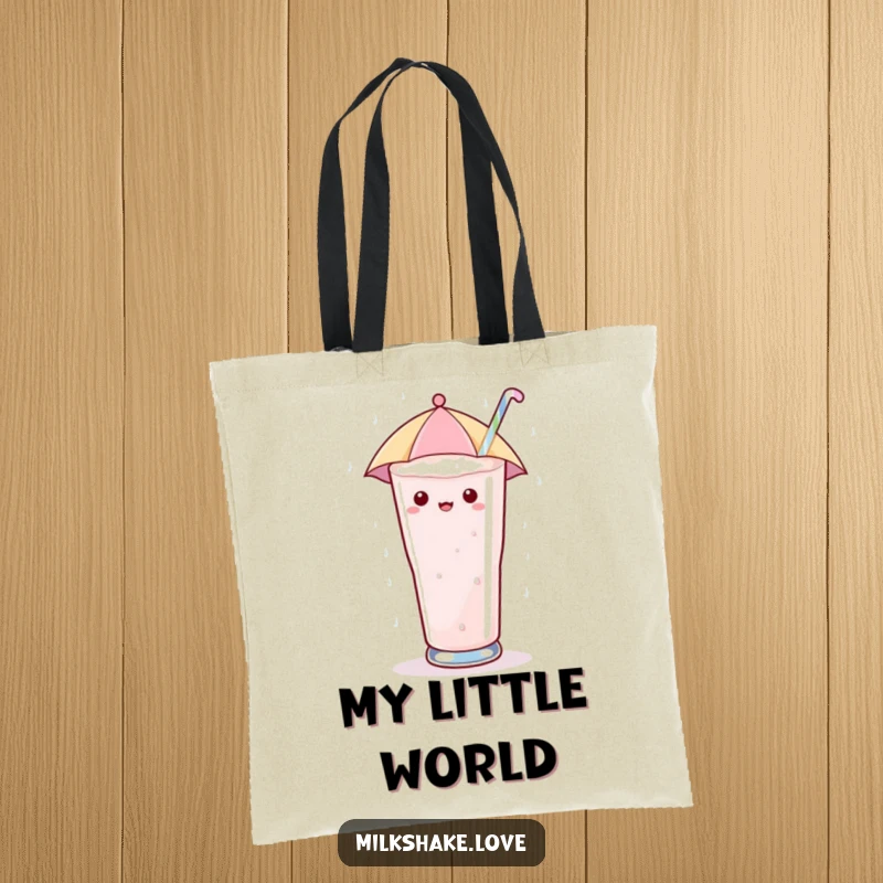 Funny Tote Bag with a kawaii milkshake glass holding a tiny umbrella, enjoying sugary rain, symbolizing a sweet, protected haven.
