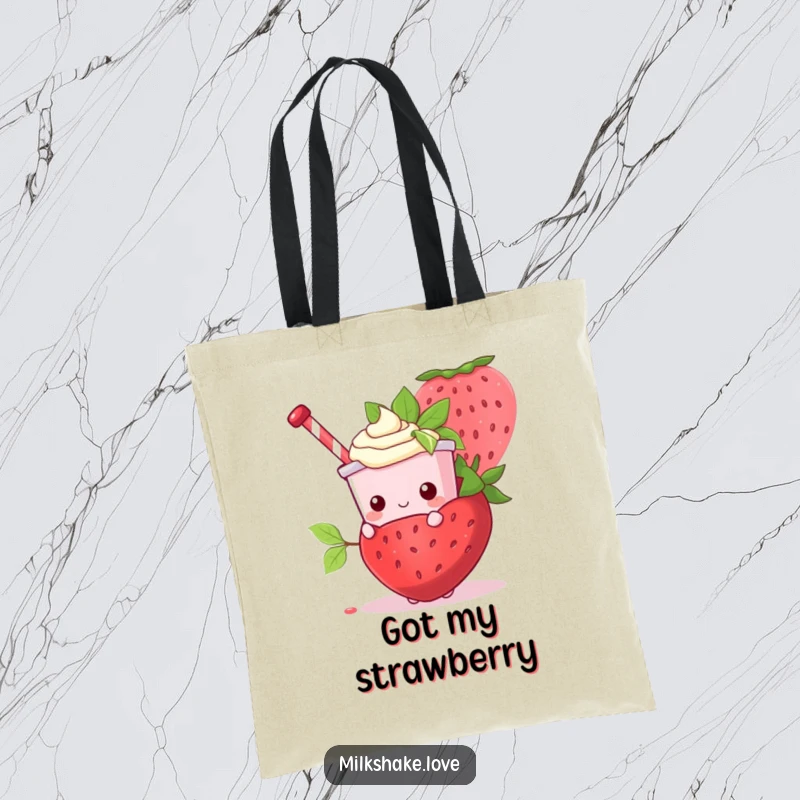 Funny Kawaii Milkshake character attempting to hide behind a giant strawberry on a durable tote bag.